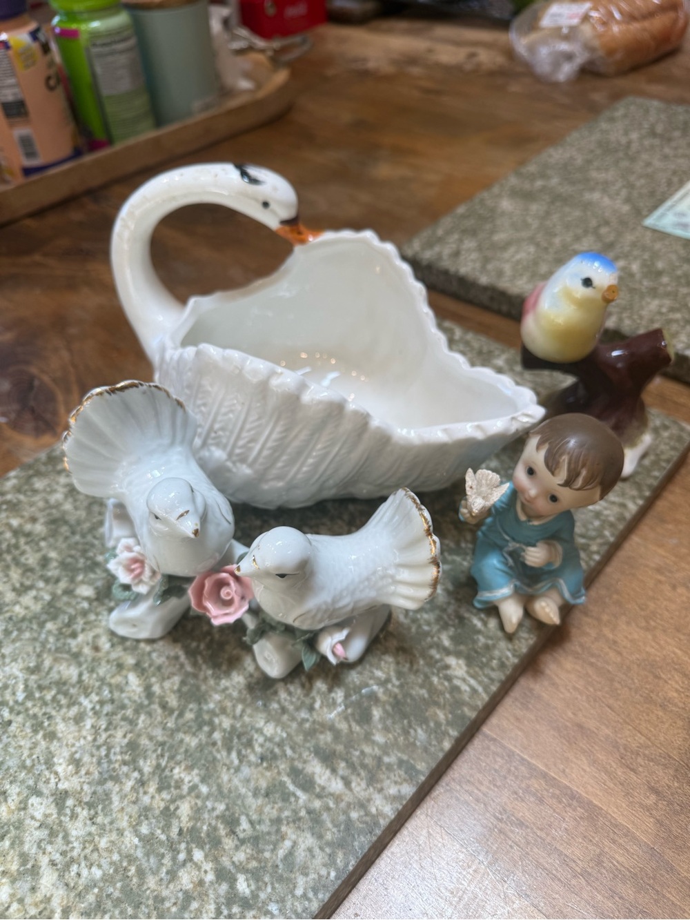 Porcelain Swan Basket & Figurine Set in White with Pastel Accents . Tree glued
